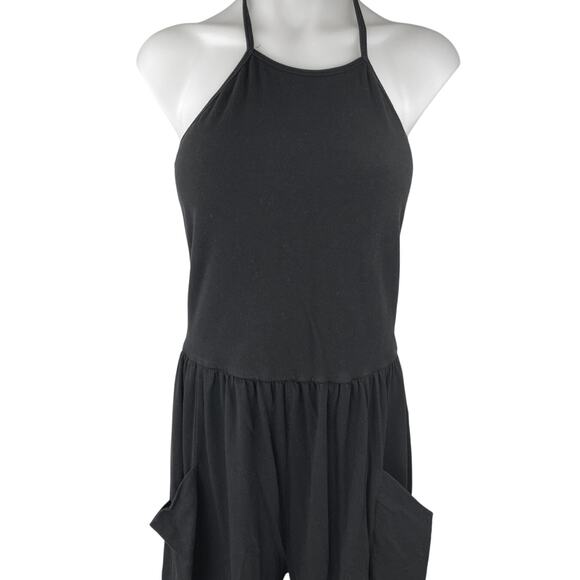 Oak + Fort Women's Black Sleeveless Halter Wide Leg Pockets Romper Jumpsuit Sz L - Picture 4 of 5